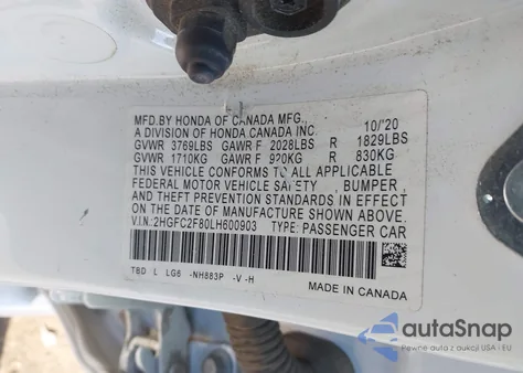 2020 Honda Civic Sport z USA, uszkodzony, nr VIN 2HGFC2F80LH600903